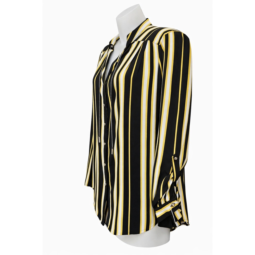 NY Collection Womens Striped Long Sleeve Blouse Black Yellow Chain Accent size L - Picture 4 of 5
